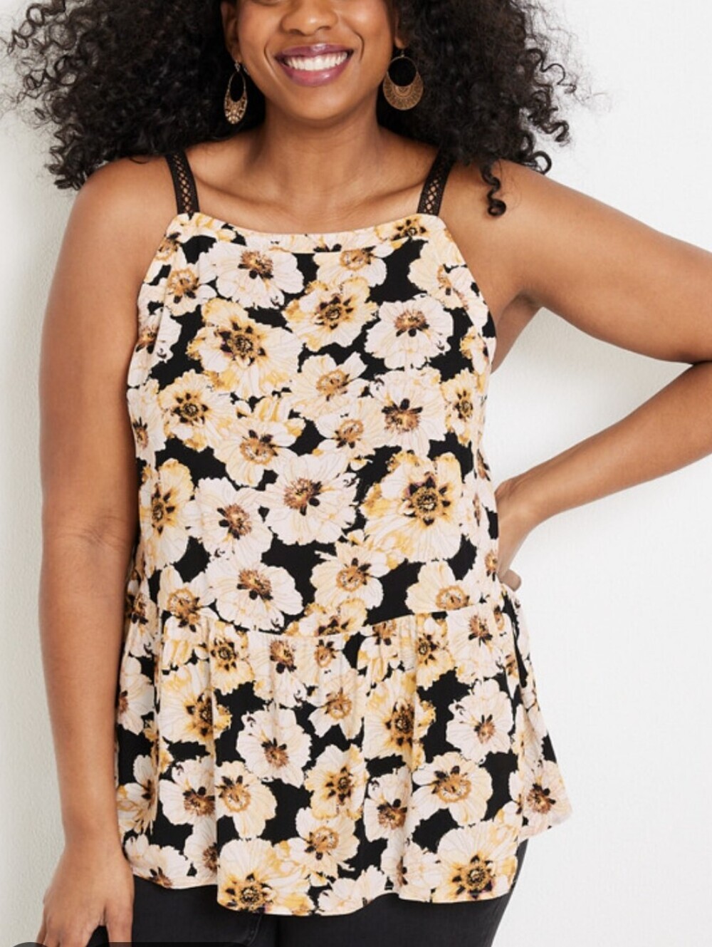 Maurices Black Floral Peplum Tank Top with Cream & Gold Flowers